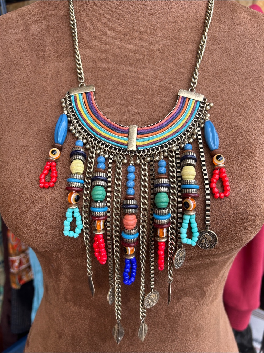 Bohemian Wooden and glass beaded bib necklace